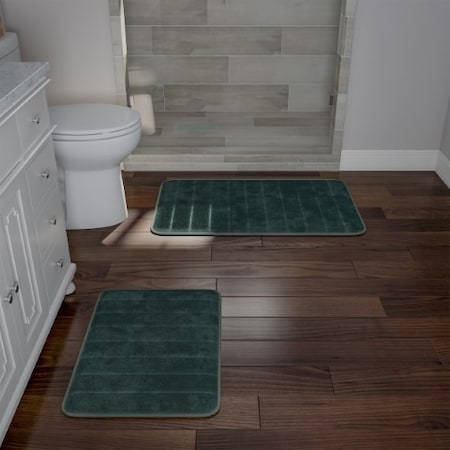 Hastings Home Set of 2 Bathroom Rug Set Memory Foam Mats Striped Microfiber, Non-Slip Absorbent Runner (Green) 847272MDY
